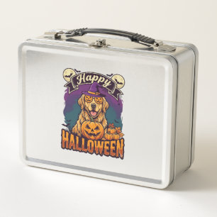 Happy Halloween Golden Retriever Witch Hat Pumpkin Metal Lunch Box