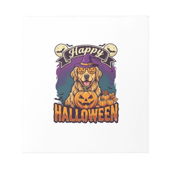 Happy Halloween Golden Retriever Witch Hat Pumpkin Notepad (Front)