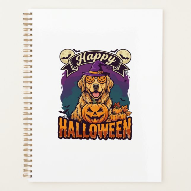 Happy Halloween Golden Retriever Witch Hat Pumpkin Planner (Front)