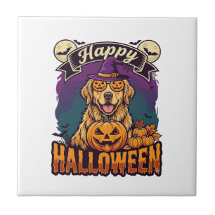 Happy Halloween Golden Retriever Witch Hat Pumpkin Tile