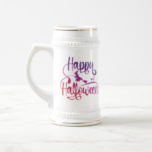 Happy Halloween gradient flying witch cat Beer Stein