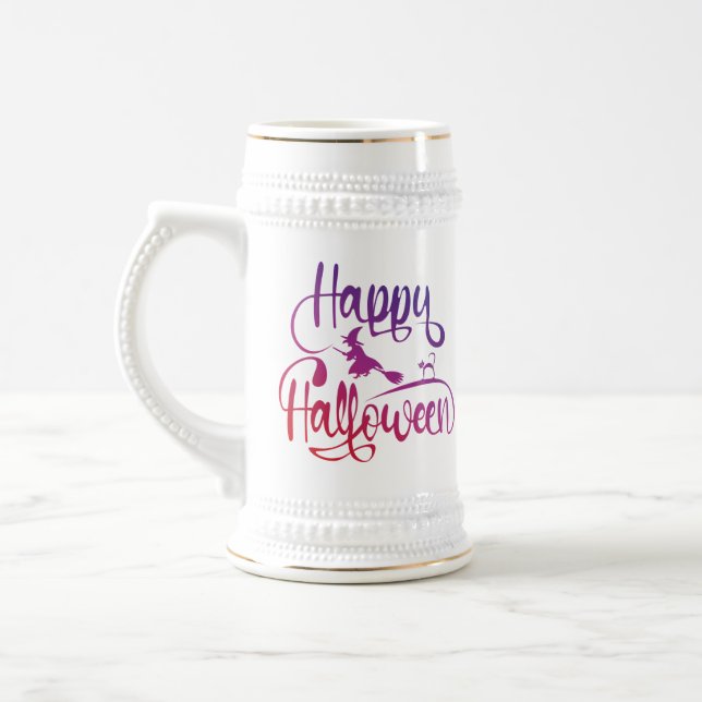 Happy Halloween gradient flying witch cat  Beer Stein (Left)