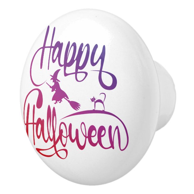 Happy Halloween gradient flying witch cat  Ceramic Knob (Right)
