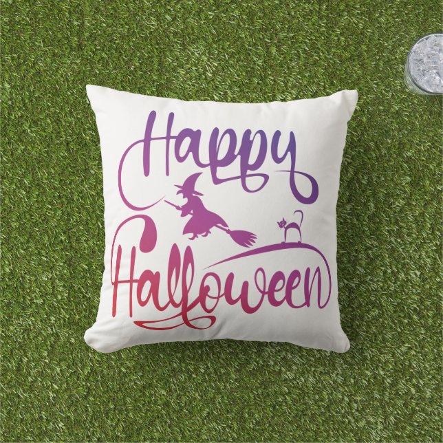 Happy Halloween gradient flying witch cat  Cushion (Grass)