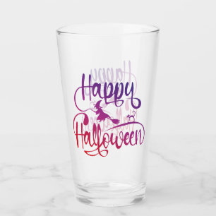 Happy Halloween gradient flying witch cat Glass