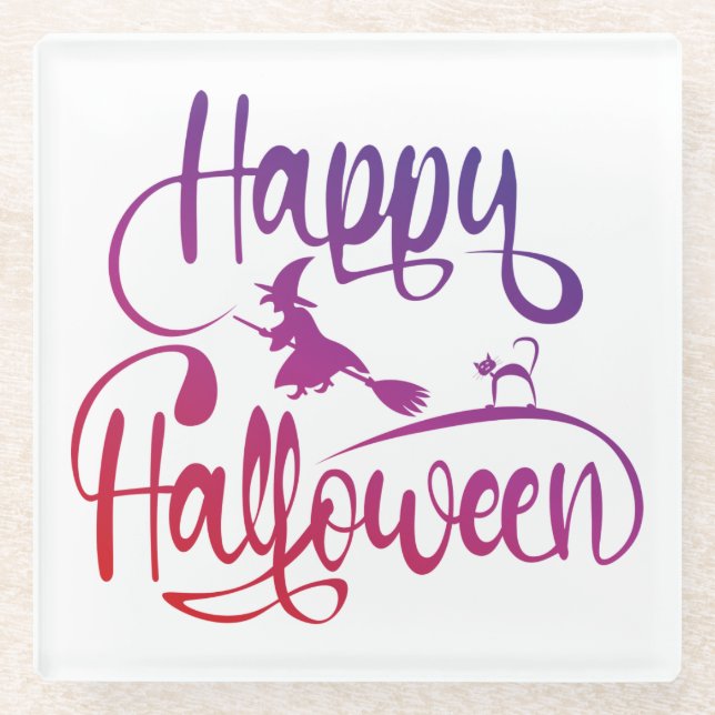 Happy Halloween gradient flying witch cat  Glass Coaster (Front)