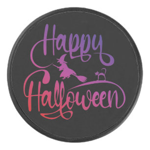 Happy Halloween gradient flying witch cat  Hockey Puck