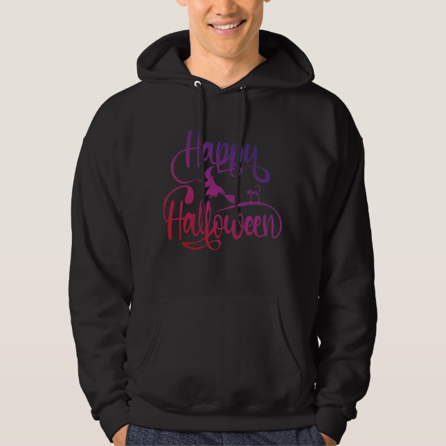 Happy Halloween gradient flying witch cat  Hoodie (Front)