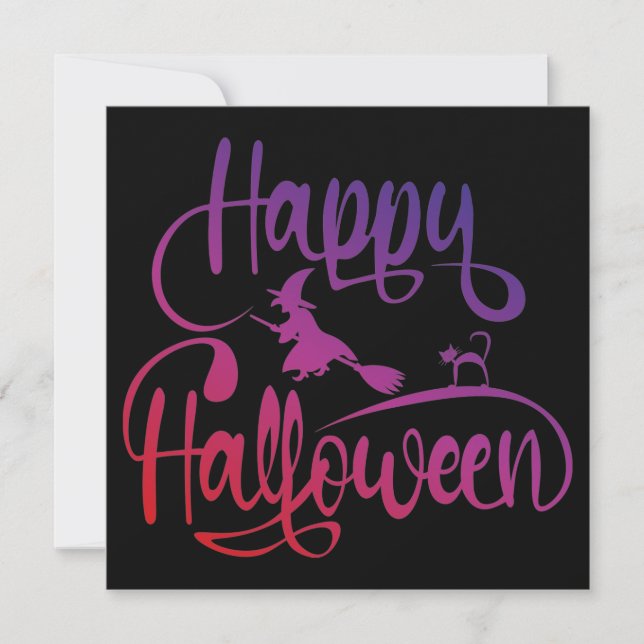 Happy Halloween gradient flying witch cat  Invitation (Front)