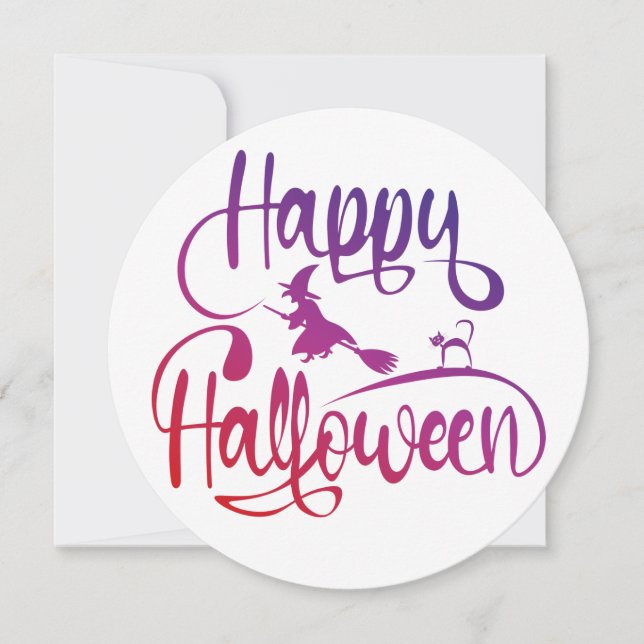 Happy Halloween gradient flying witch cat  Invitation (Front)