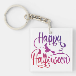 Happy Halloween gradient flying witch cat Key Ring