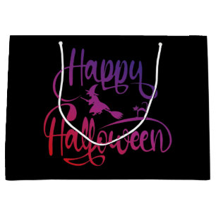 Happy Halloween gradient flying witch cat  Large Gift Bag