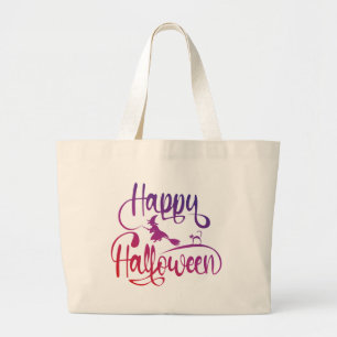Happy Halloween gradient flying witch cat Large Tote Bag