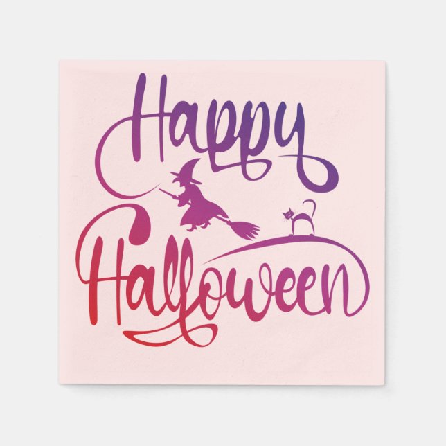 Happy Halloween gradient flying witch cat  Napkin (Front)