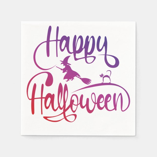Happy Halloween gradient flying witch cat  Napkin (Front)