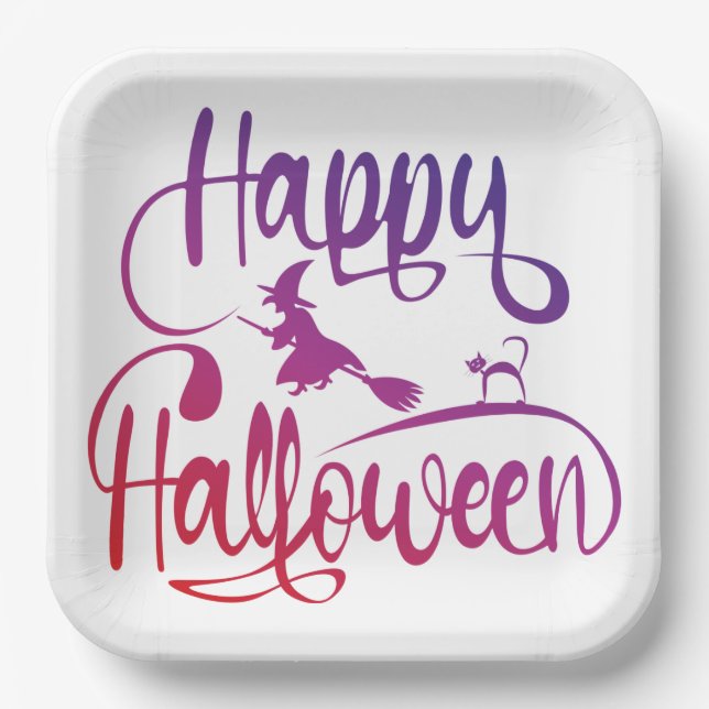 Happy Halloween gradient flying witch cat  Paper Plate (Front)