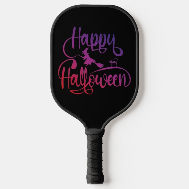Happy Halloween gradient flying witch cat  Pickleball Paddle (Front)
