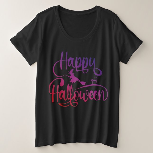 Happy Halloween gradient flying witch cat Plus Size T-Shirt (Design Front)