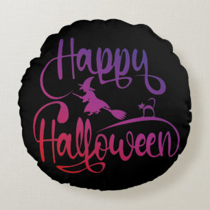 Happy Halloween gradient flying witch cat Round Cushion