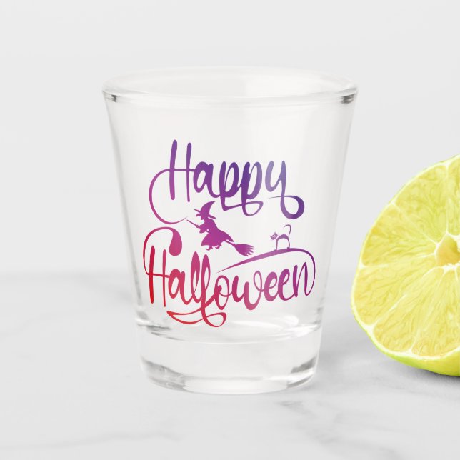 Happy Halloween gradient flying witch cat  Shot Glass (Front)