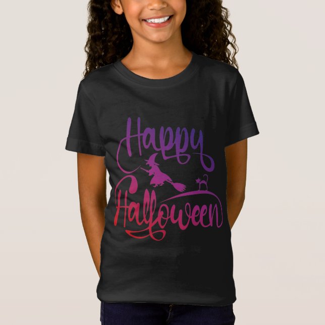 Happy Halloween gradient flying witch cat T-Shirt (Front)