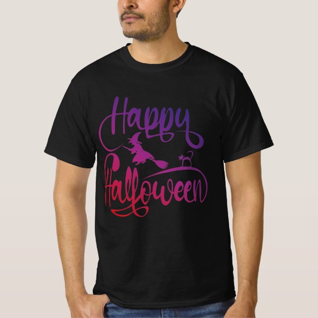 Happy Halloween gradient flying witch cat T-Shirt (Front)