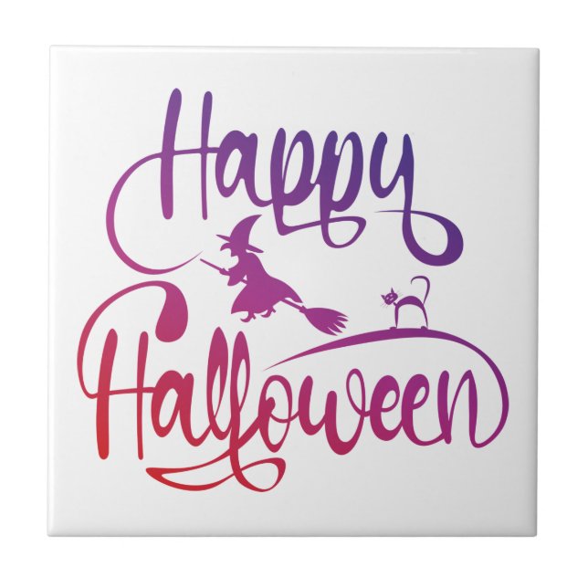 Happy Halloween gradient flying witch cat  Tile (Front)