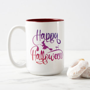 Happy Halloween gradient flying witch cat   Two-Tone Coffee Mug