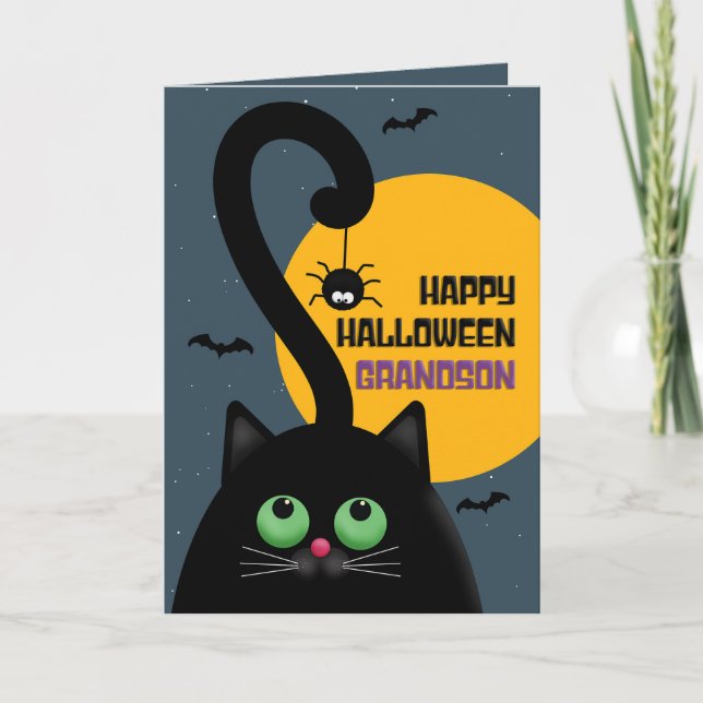 Happy Halloween Grandson Black Cat With Spider Holiday Card (Front)