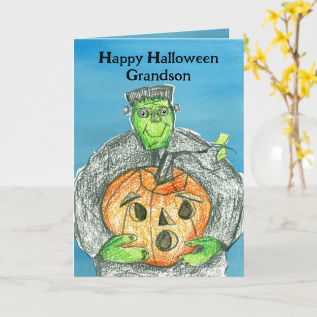 Happy Halloween Grandson Frankenstein Pumpkin Card (Yellow Flower)