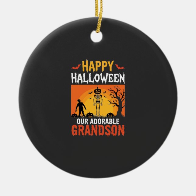 Happy Halloween Grandson Skeleton Pumpkin Ceramic Tree Decoration (Front)