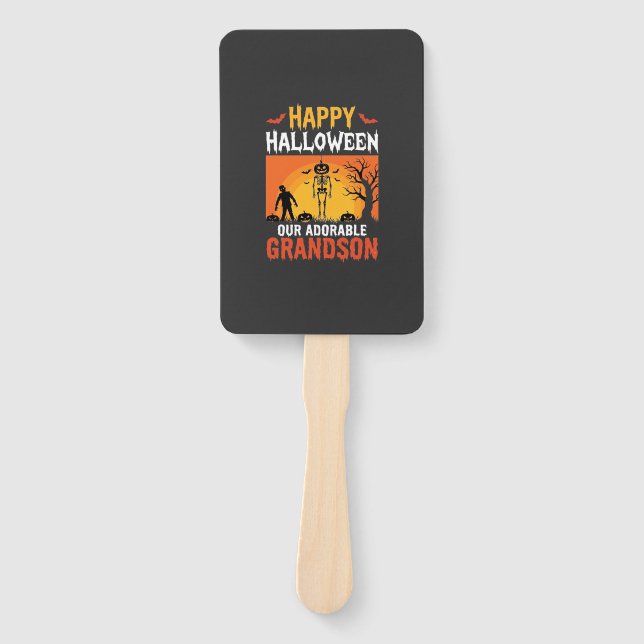 Happy Halloween Grandson Skeleton Pumpkin Hand Fan (Front)