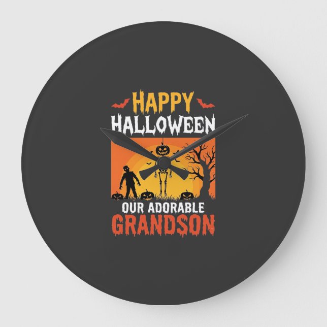 Happy Halloween Grandson Skeleton Pumpkin Large Clock (Front)