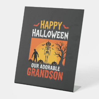 Happy Halloween Grandson Skeleton Pumpkin Pedestal Sign