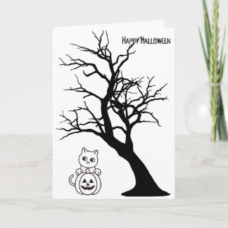 Happy Halloween Greeting Card Cat Pumpkin Tree
