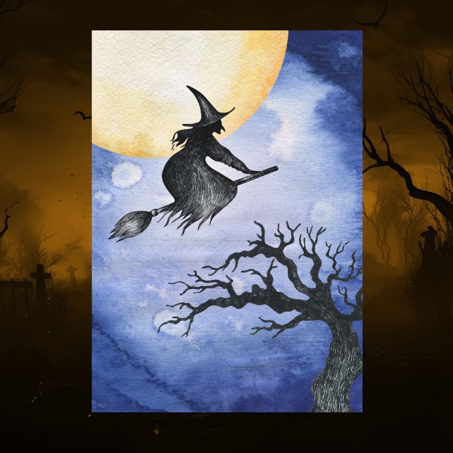 Happy Halloween Greeting Flying Witch Card (Happy Halloween Greetings. Fun watercolor to celebrate Halloween season.)