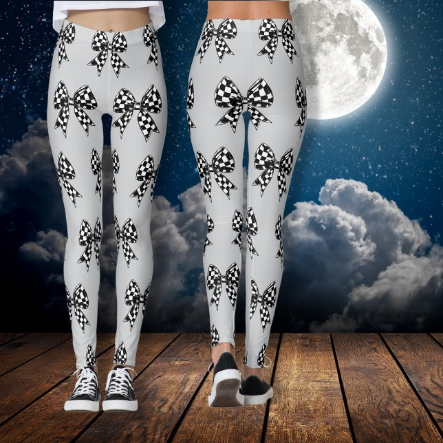 Happy Halloween grey checked black bows Coquette Leggings (Happy Halloween grey checked black bows Coquette Leggings)