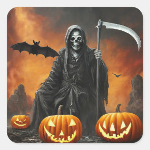 Happy Halloween - Grim Reaper Carved Pumpkin Square Sticker