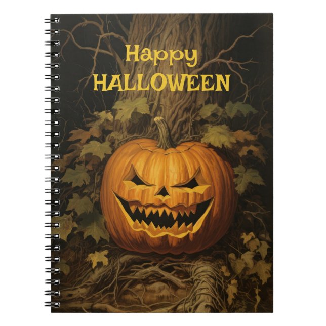 Happy Halloween Grinning Pumpkin Vintage Notebook (Front)