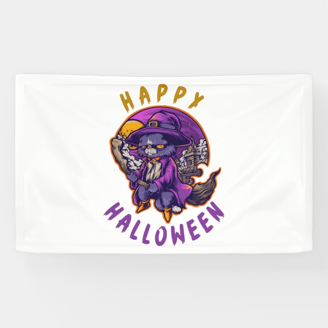 Happy Halloween Halloween Witch Cat Banner (Horizontal)