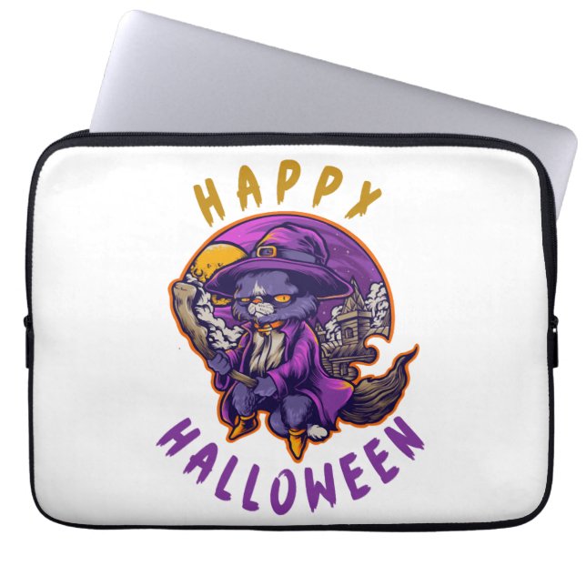 Happy Halloween Halloween Witch Cat Laptop Sleeve (Front)