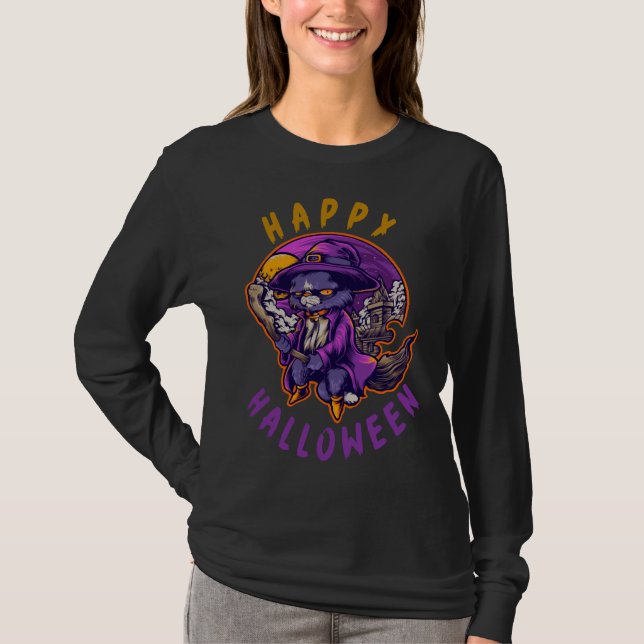 Happy Halloween Halloween Witch Cat T-Shirt (Front)