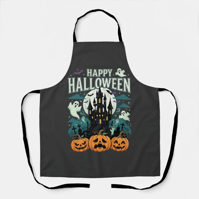 Happy Halloween Haunted Castle Ghosts and Pumpkins Apron (Front)