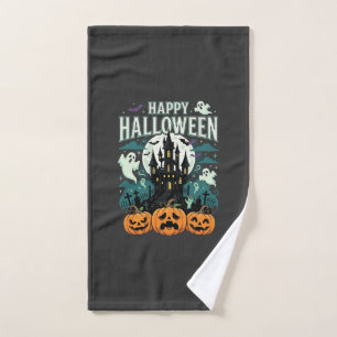 Happy Halloween Haunted Castle Ghosts and Pumpkins Hand Towel