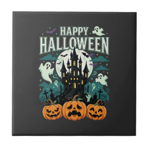Happy Halloween Haunted Castle Ghosts and Pumpkins Tile