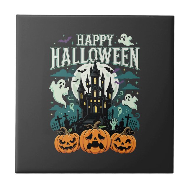 Happy Halloween Haunted Castle Ghosts and Pumpkins Tile (Front)