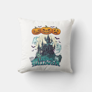 Happy Halloween Haunted Castle Pumpkins Ghosts_1 Cushion