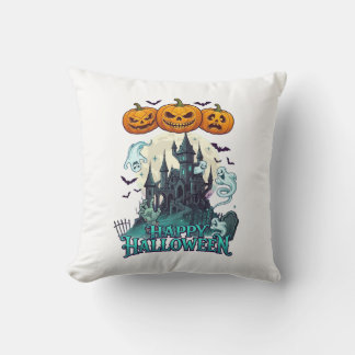 Happy Halloween Haunted Castle Pumpkins Ghosts_1 Cushion