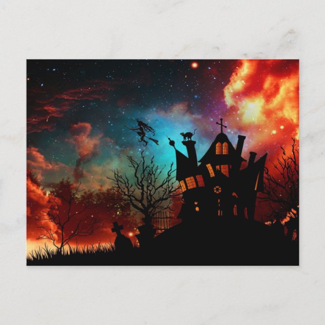 Happy Halloween Haunted House and Witch Postcard (Front)