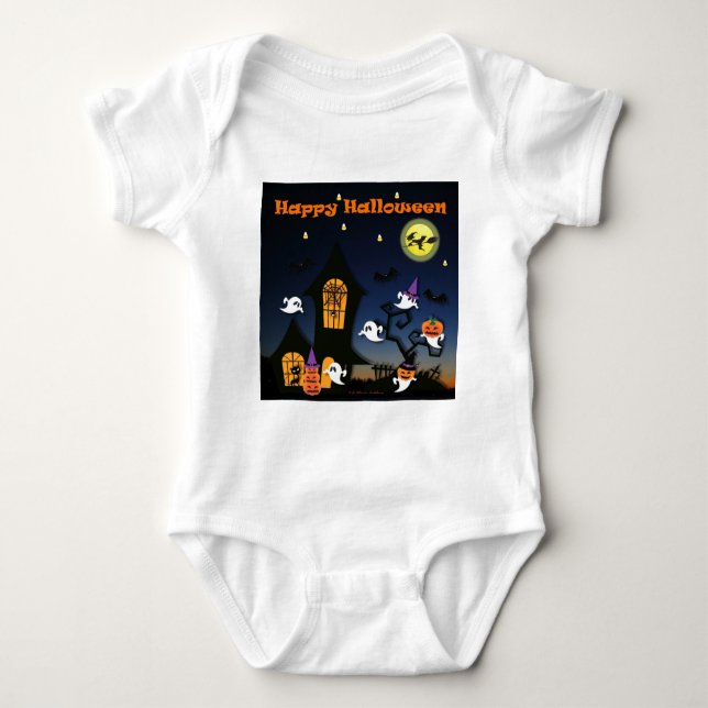 Happy Halloween Haunted House Baby Bodysuit (Front)